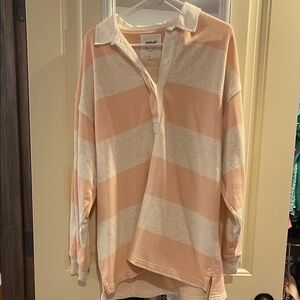 aerie Long Sleeve Striped Rugby Polo in Peach and Cream